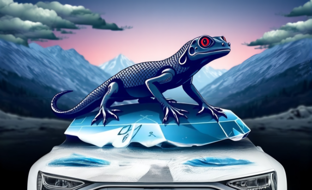 Ein blauer Gecko mit roten Augen sitzt auf einer Eisschicht vor einer Berglandschaft.